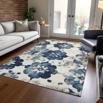 9' X 12' Navy Blue And Ivory Floral Washable Indoor Outdoor Area Rug