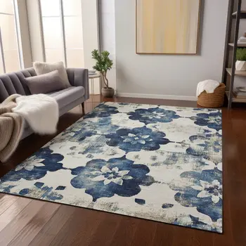9' X 12' Navy Blue And Ivory Floral Washable Indoor Outdoor Area Rug