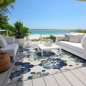 9' X 12' Navy Blue And Ivory Floral Washable Indoor Outdoor Area Rug