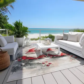 10' X 14' Ivory Red And Gray Botanical Leaves Washable Indoor Outdoor Area Rug