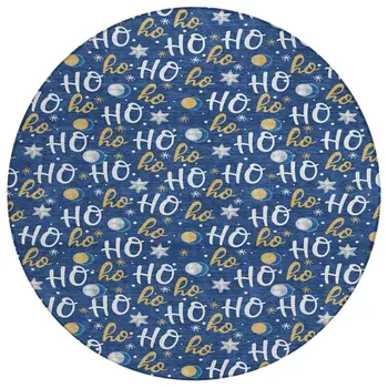 8' Navy Blue White And Gold Round Polka Dot Washable Indoor Outdoor Area Rug