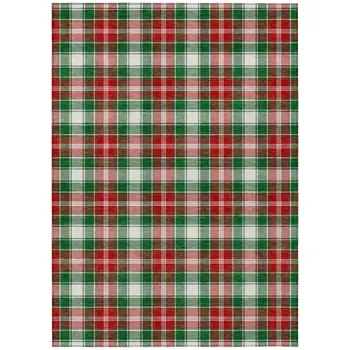 9' X 12' Emerald Red And White Plaid Washable Indoor Outdoor Area Rug