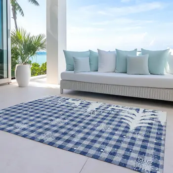 3' X 5' Blue Ivory And Gray Plaid Washable Indoor Outdoor Area Rug