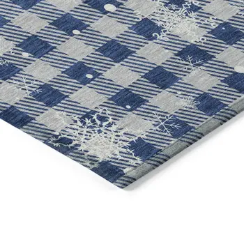 3' X 5' Blue Ivory And Gray Plaid Washable Indoor Outdoor Area Rug