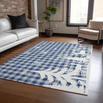 3' X 5' Blue Ivory And Gray Plaid Washable Indoor Outdoor Area Rug