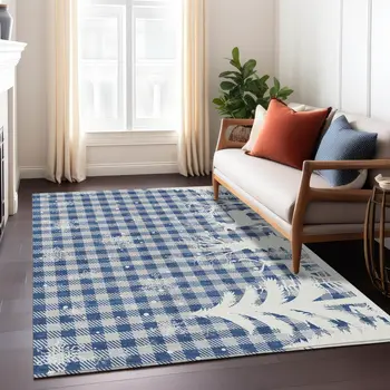 3' X 5' Blue Ivory And Gray Plaid Washable Indoor Outdoor Area Rug