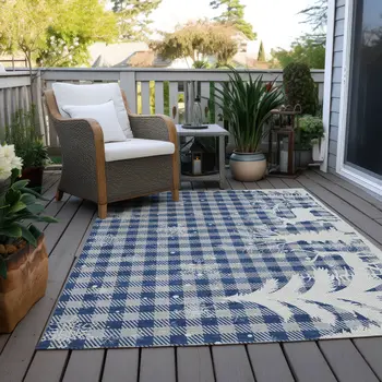 3' X 5' Blue Ivory And Gray Plaid Washable Indoor Outdoor Area Rug