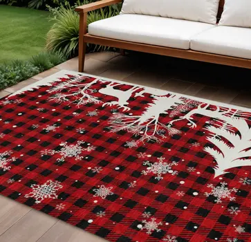 9' X 12' Red Black And Ivory Plaid Washable Indoor Outdoor Area Rug