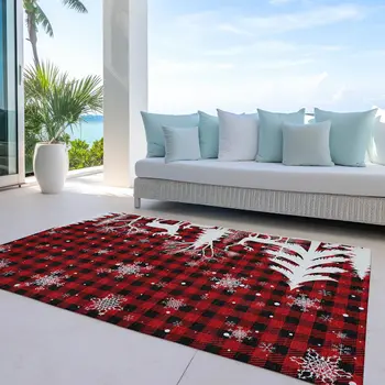 9' X 12' Red Black And Ivory Plaid Washable Indoor Outdoor Area Rug