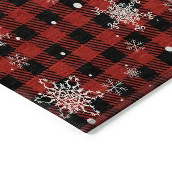 9' X 12' Red Black And Ivory Plaid Washable Indoor Outdoor Area Rug