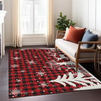 9' X 12' Red Black And Ivory Plaid Washable Indoor Outdoor Area Rug