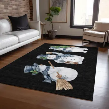5' X 8' Black Denim Blue And Ivory Botanical Leaves Washable Indoor Outdoor Area Rug