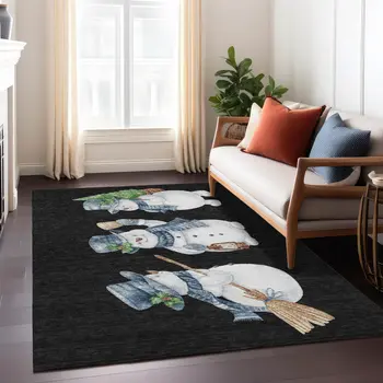 5' X 8' Black Denim Blue And Ivory Botanical Leaves Washable Indoor Outdoor Area Rug