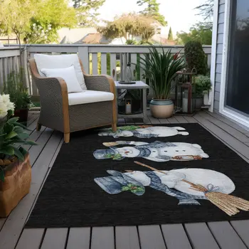 5' X 8' Black Denim Blue And Ivory Botanical Leaves Washable Indoor Outdoor Area Rug