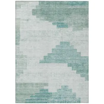 9' X 12' Teal Blue Aqua And Ivory Geometric Washable Indoor Outdoor Area Rug