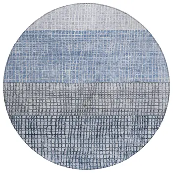 8' Blue And Ivory Round Geometric Washable Indoor Outdoor Area Rug