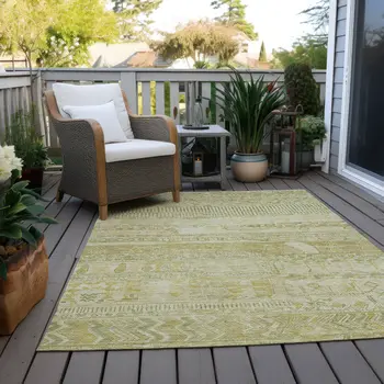 8' X 10' Tan And Gold Striped Washable Indoor Outdoor Area Rug
