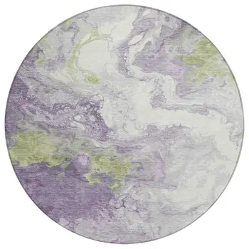8' Lavender And Fern Green Round Abstract Washable Indoor Outdoor Area Rug