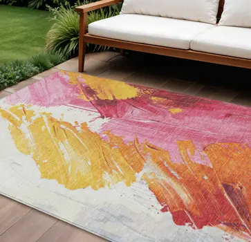 9' X 12' Blush Gold And Orange Abstract Washable Indoor Outdoor Area Rug