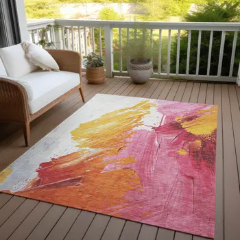 9' X 12' Blush Gold And Orange Abstract Washable Indoor Outdoor Area Rug