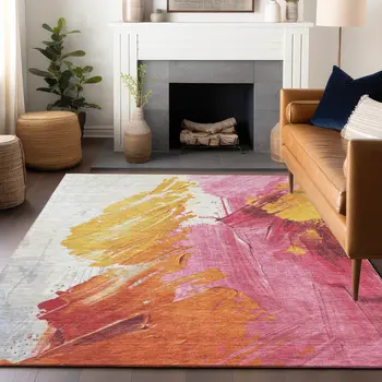 9' X 12' Blush Gold And Orange Abstract Washable Indoor Outdoor Area Rug