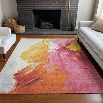 9' X 12' Blush Gold And Orange Abstract Washable Indoor Outdoor Area Rug
