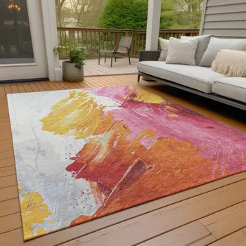9' X 12' Blush Gold And Orange Abstract Washable Indoor Outdoor Area Rug