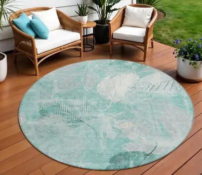 8' Teal Blue And Ivory Round Floral Washable Indoor Outdoor Area Rug