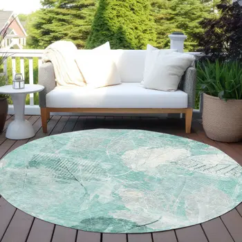 8' Teal Blue And Ivory Round Floral Washable Indoor Outdoor Area Rug