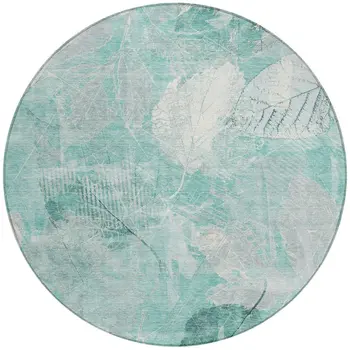 8' Teal Blue And Ivory Round Floral Washable Indoor Outdoor Area Rug