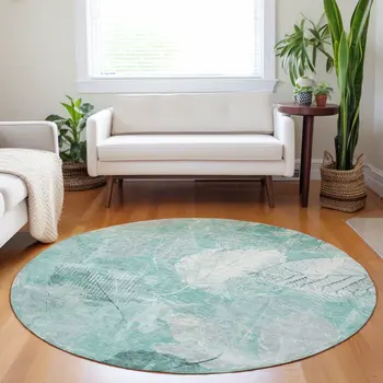 8' Teal Blue And Ivory Round Floral Washable Indoor Outdoor Area Rug