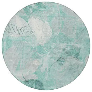 8' Teal Blue And Ivory Round Floral Washable Indoor Outdoor Area Rug