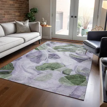 10' X 14' Lavender And Green Abstract Washable Indoor Outdoor Area Rug