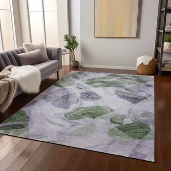10' X 14' Lavender And Green Abstract Washable Indoor Outdoor Area Rug