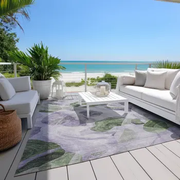 10' X 14' Lavender And Green Abstract Washable Indoor Outdoor Area Rug