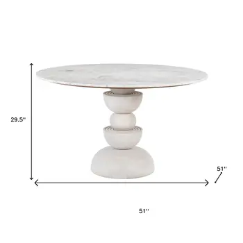 51" White Marble and Wood Pedestal Base Round Top Dining Table