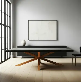 95" Gray Wood and Solid Wood Pedestal Base Dining Table