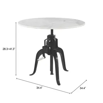 Adjustable Height White Marble and Wood Pedestal Base Round Top Dining Table