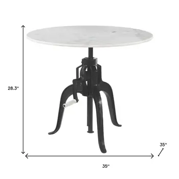 Adjustable Height White Marble and Wood Pedestal Base Round Top Dining Table