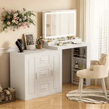 59" Solid Wood and Wood Vanity Table with Mirror and Lights With Three Drawers