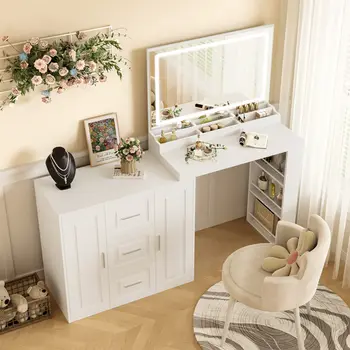 59" Solid Wood and Wood Vanity Table with Mirror and Lights With Three Drawers