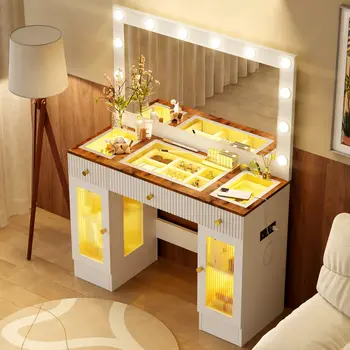 43" Solid Wood and Wood Vanity Table with Mirror and Lights With Three Drawers
