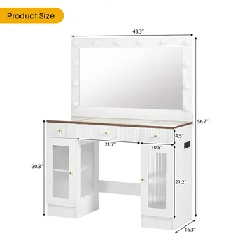 43" Solid Wood and Wood Vanity Table with Mirror and Lights With Three Drawers