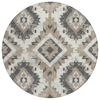 8' Taupe And Gray Round Aztec Washable Indoor Outdoor Area Rug