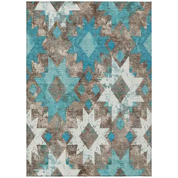 9' X 12' Teal Blue Brown And Ivory Aztec Washable Indoor Outdoor Area Rug