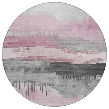 8' Pink And Charcoal Round Abstract Washable Indoor Outdoor Area Rug