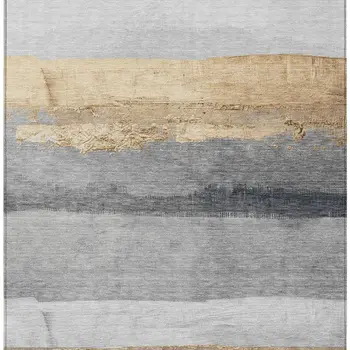 9' X 12' Gold And Gray Striped Washable Indoor Outdoor Area Rug