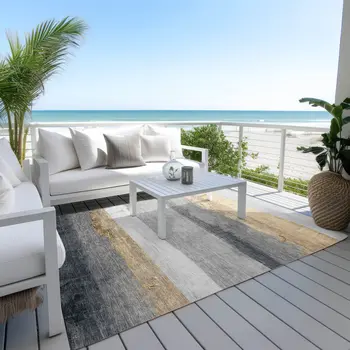 9' X 12' Gold And Gray Striped Washable Indoor Outdoor Area Rug