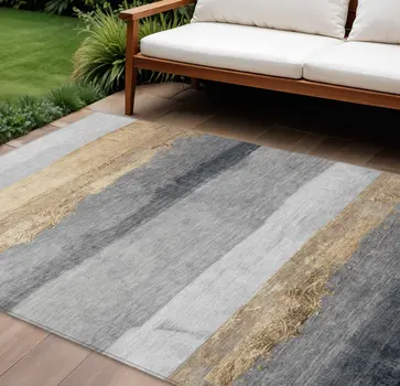 9' X 12' Gold And Gray Striped Washable Indoor Outdoor Area Rug