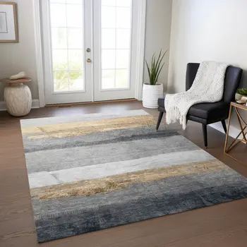 9' X 12' Gold And Gray Striped Washable Indoor Outdoor Area Rug